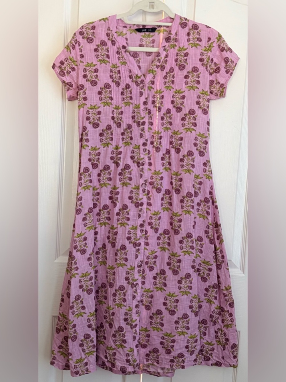 Soch Soft Pink Floral Dress with Green Leaf Print, linen, size small